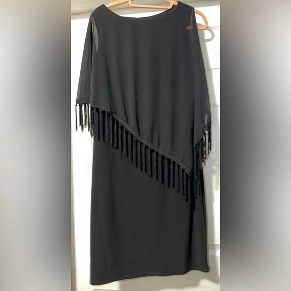 R & M Richards Black Dress Sleeveless Sheer fringed attached poncho - Picture 1 of 7